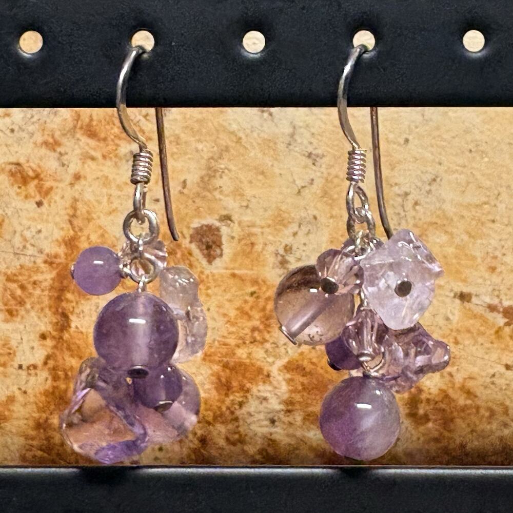 Handmade Sterling Silver and Amethyst Cluster Dangle Earrings 1.25 Inches Long